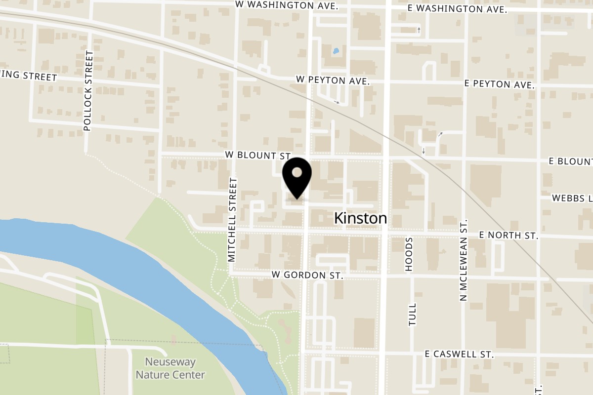 Map showing the location of Lovick's Cafe on 320 N Herritage St in Kinston
